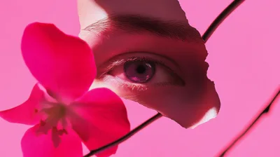 Human Eye Peeking Through Torn Paper With Pink Flower