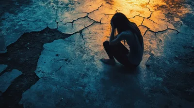 Sad Woman Sitting Alone On Cracked Dry Ground
