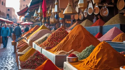 Vibrant Spice Market Stalls In Marrakech Morocco