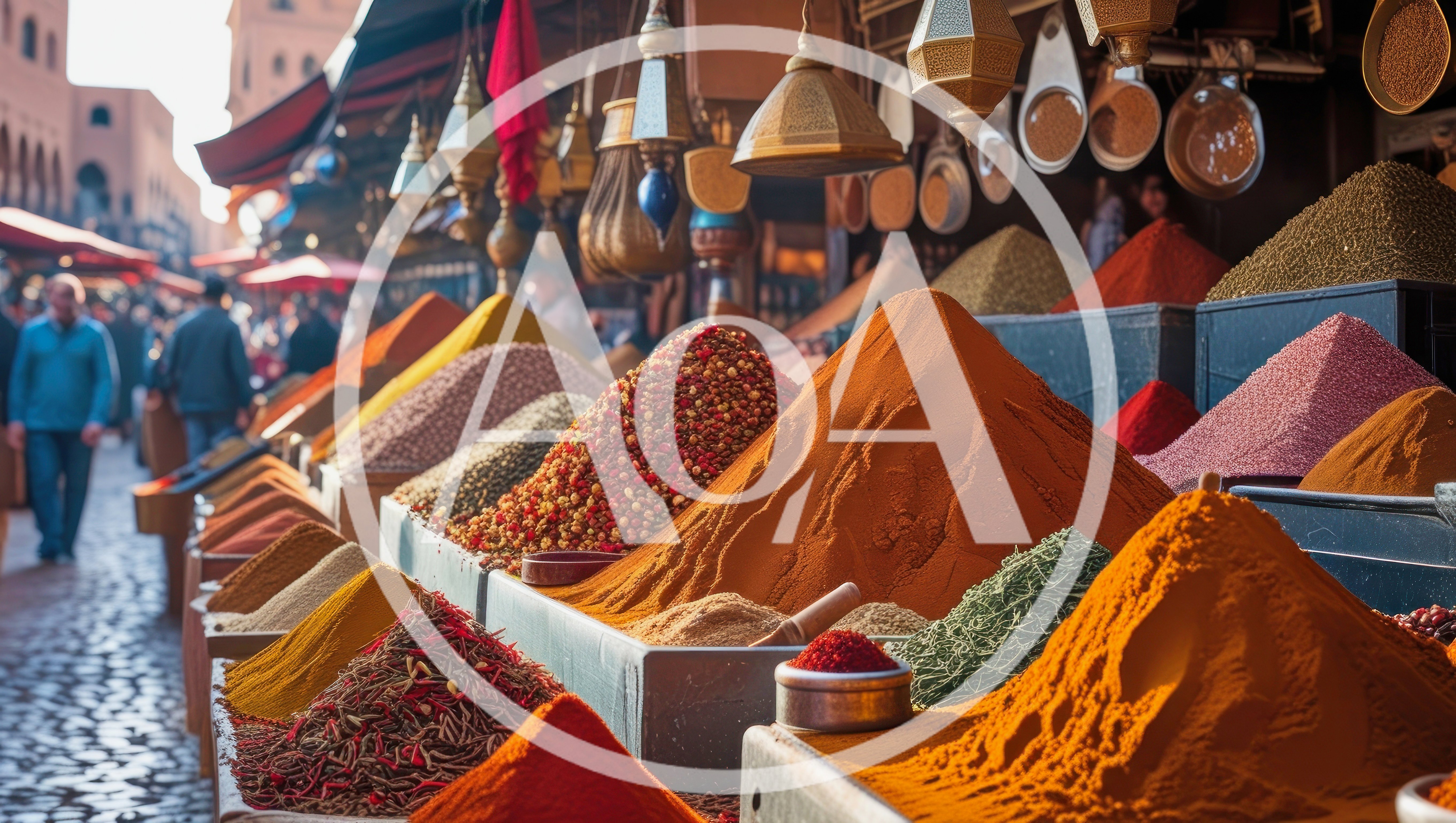 Vibrant Spice Market Stalls In Marrakech Morocco