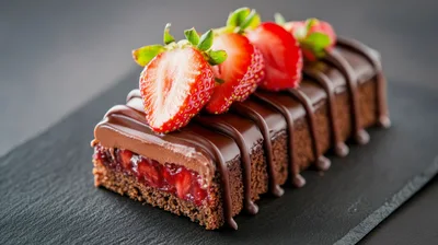 Chocolate Strawberry Cake Slice On Slate Plate
