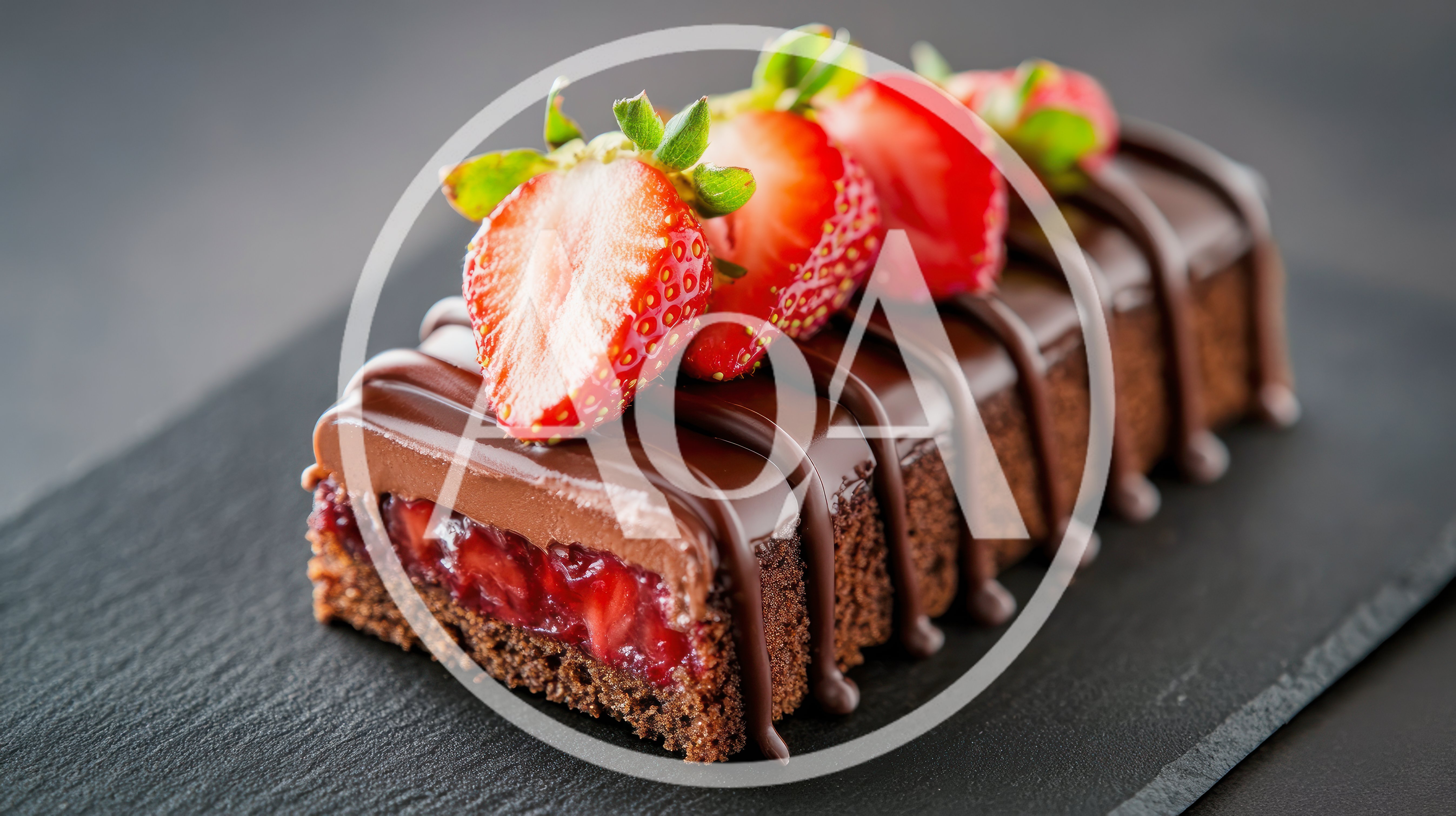 Chocolate Strawberry Cake Slice On Slate Plate