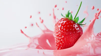 Fresh Strawberry Falling Into Pink Cream Splash