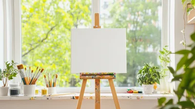 Blank Canvas On Wooden Easel In Sunny Art Studio