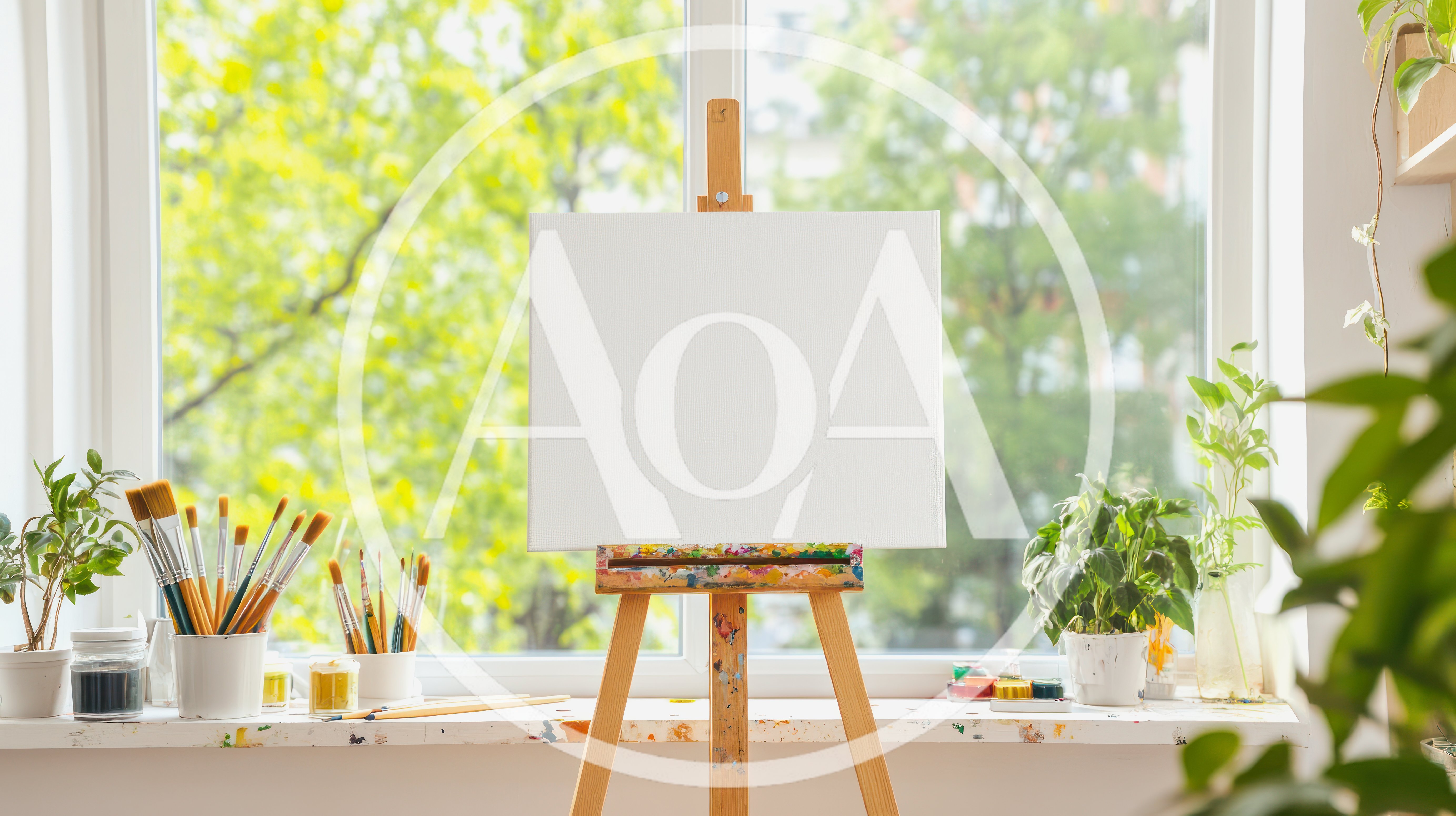 Blank Canvas On Wooden Easel In Sunny Art Studio
