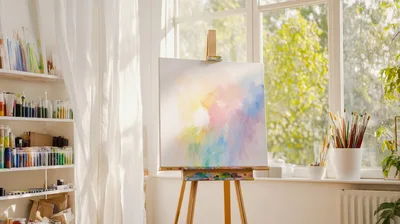 Abstract Painting On Easel In Bright Art Studio