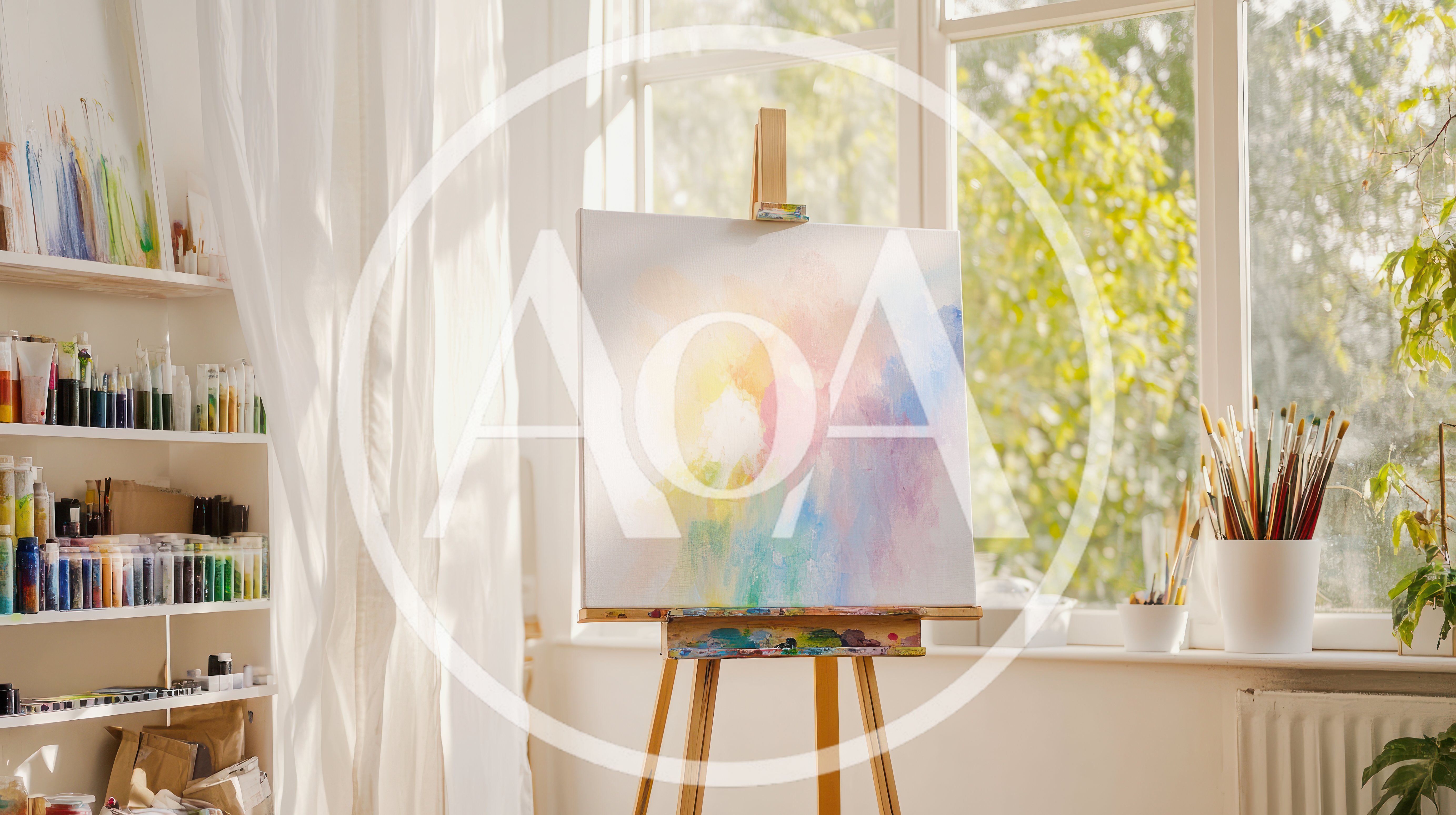 Abstract Painting On Easel In Bright Art Studio