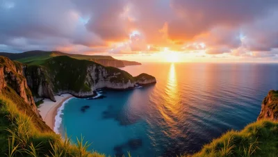 Panoramic View Of Kelingking Beach At Sunset