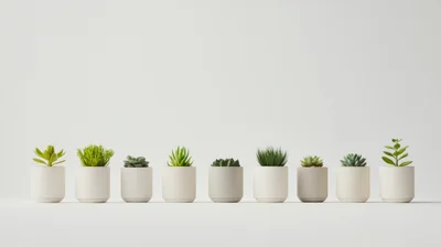 Nine Potted Succulents Arranged In A Row
