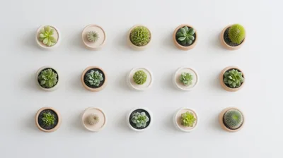 Top View Of Assorted Succulents In Small Pots