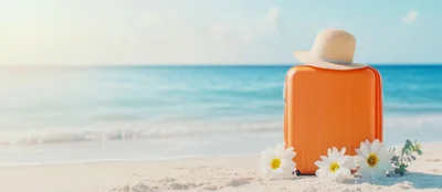 Orange Suitcase With Sun Hat On Tropical Beach