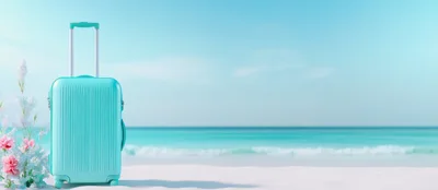 Turquoise Suitcase Standing On A Tropical Beach