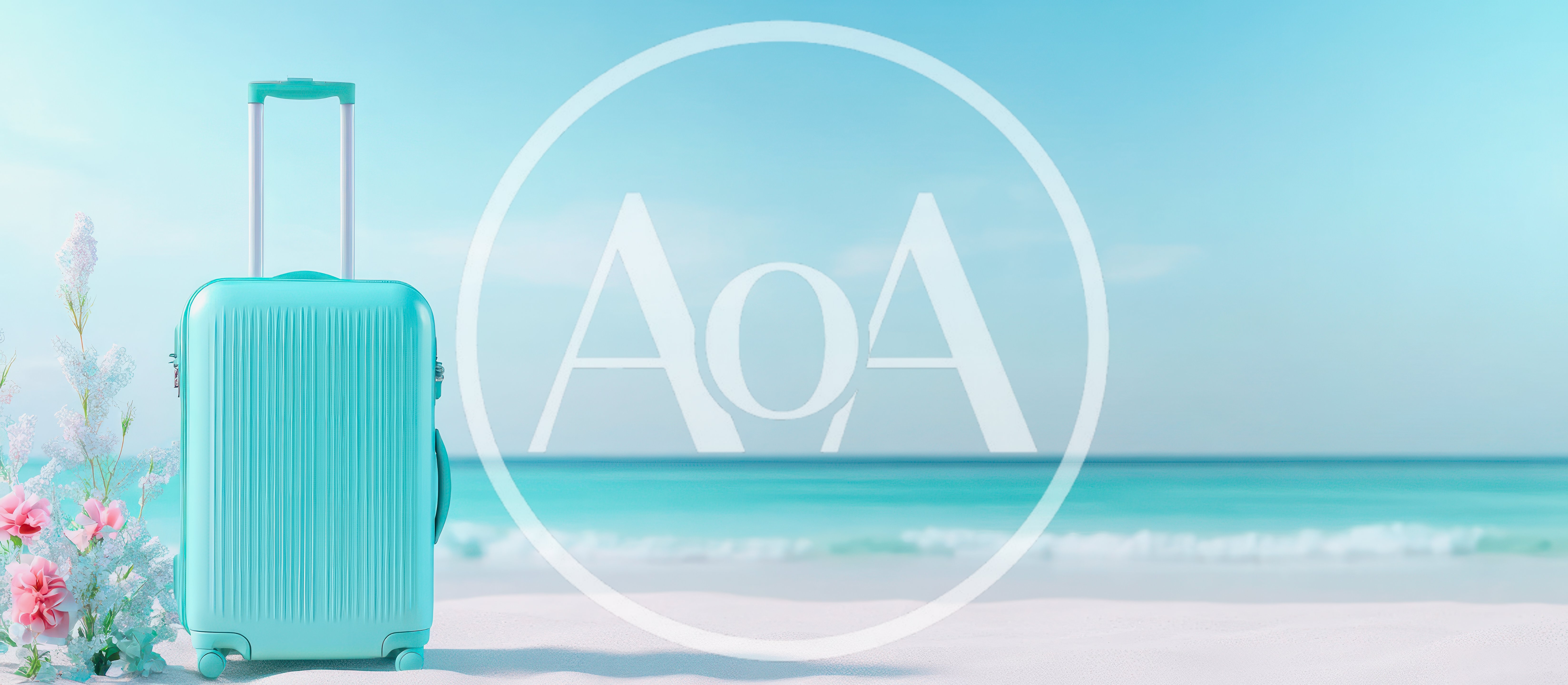 Turquoise Suitcase Standing On A Tropical Beach