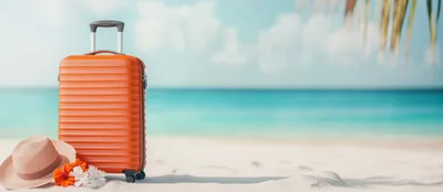 Orange Suitcase With Hat On Tropical Beach