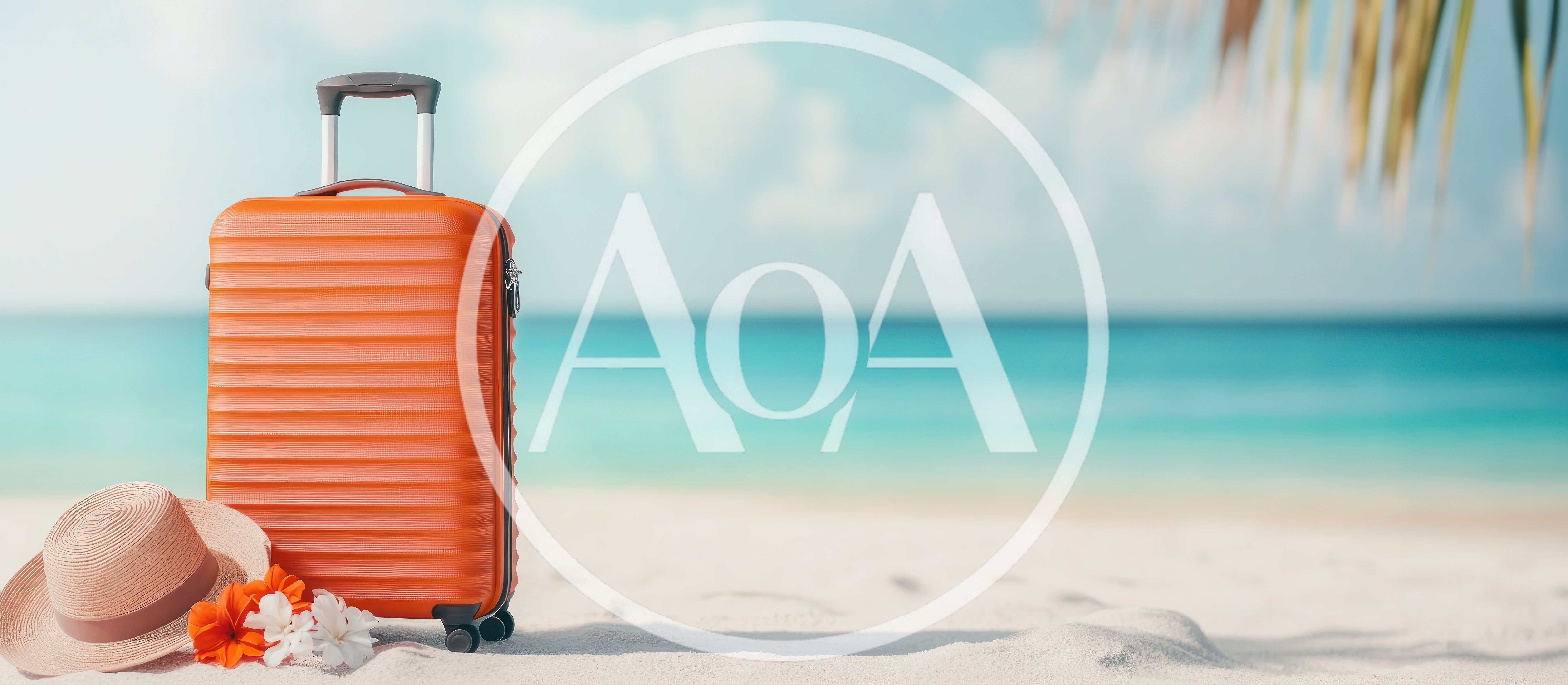Orange Suitcase With Hat On Tropical Beach