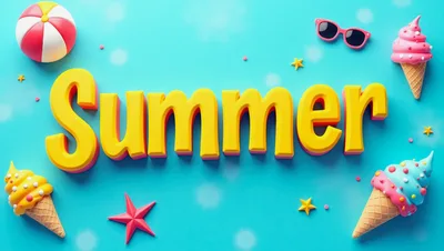 3D Summer Text With Ice Cream And Beach Ball