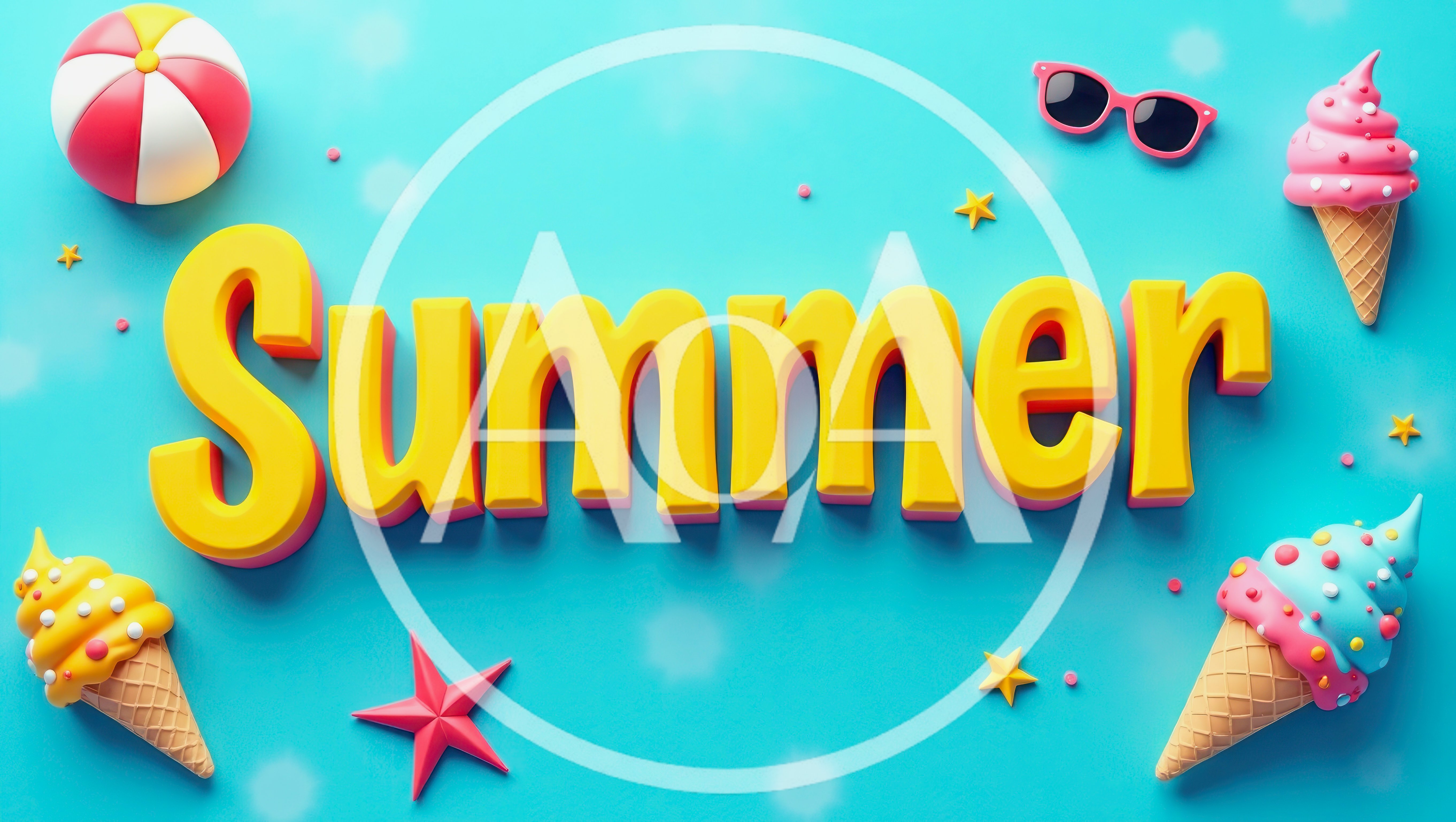 3D Summer Text With Ice Cream And Beach Ball