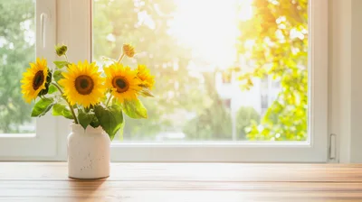 Sunflowers In A White Vase On A Wooden Table