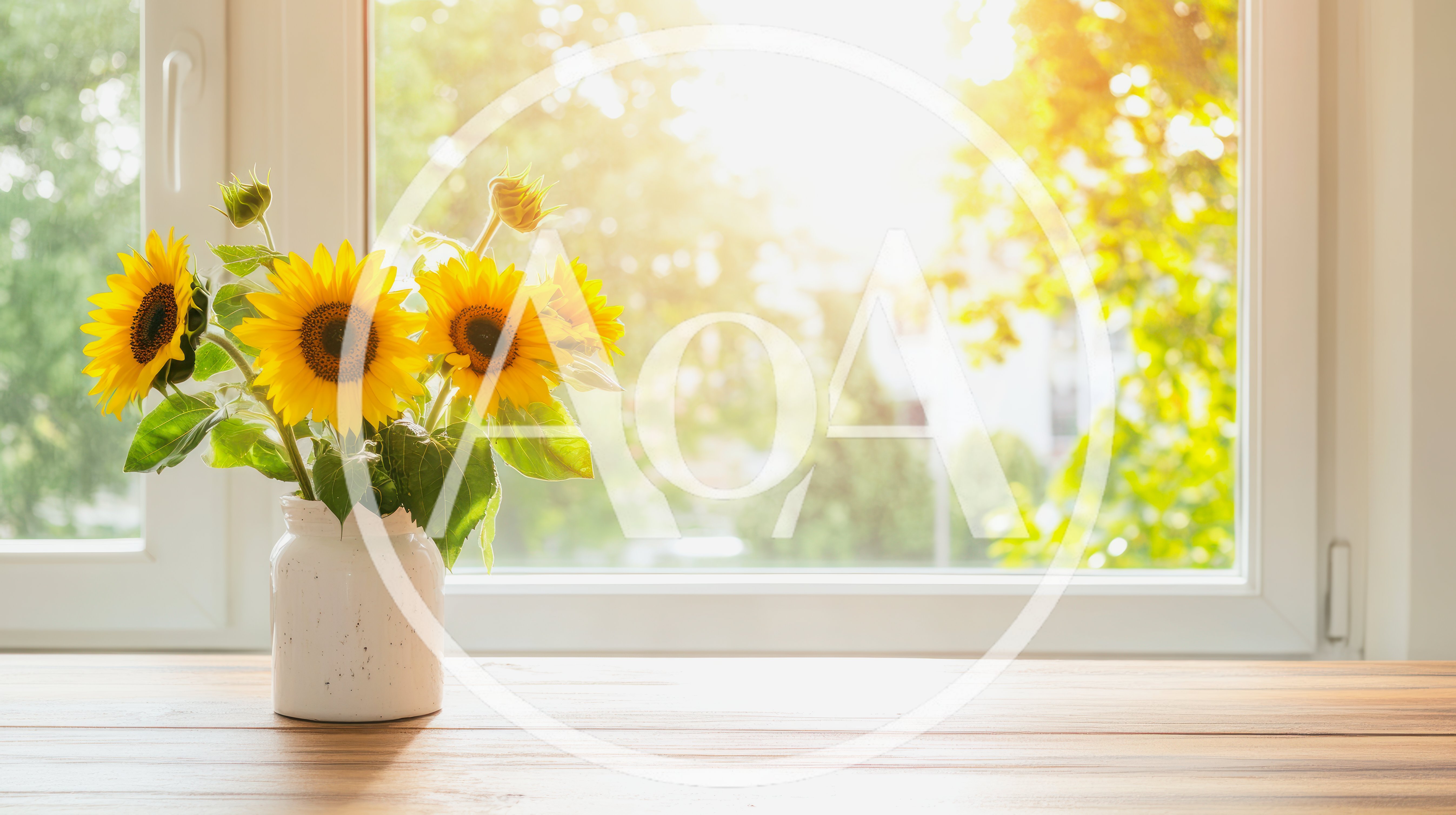 Sunflowers In A White Vase On A Wooden Table