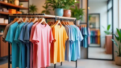 Colorful T-Shirts Hanging on Display in a Clothing Store