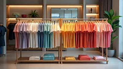 Clothing Store Display With Colorful T-Shirts On Racks