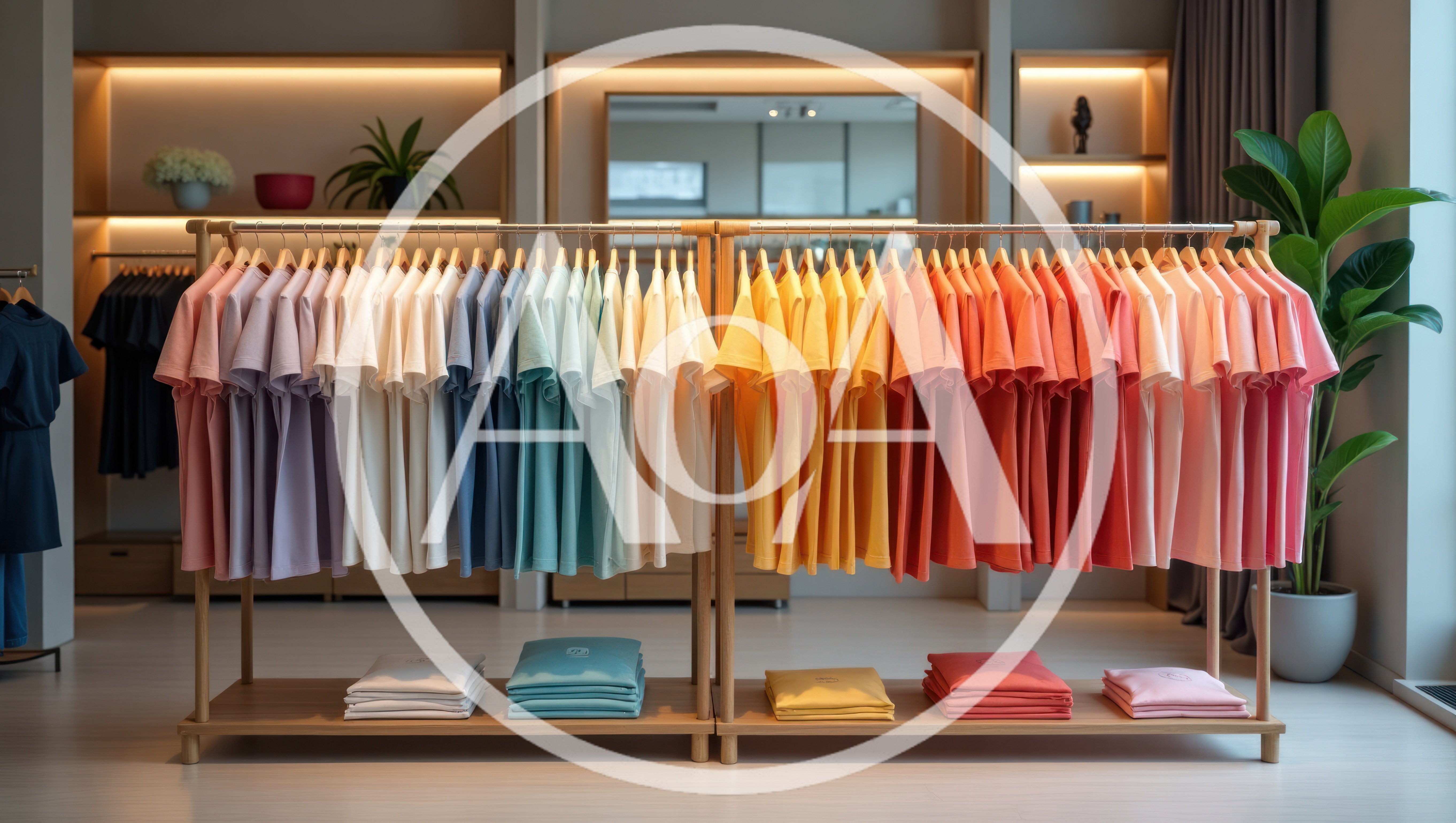 Clothing Store Display With Colorful T-Shirts On Racks