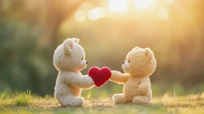 Two Teddy Bears Holding A Red Heart Together