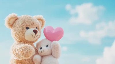 Two Teddy Bears Holding A Pink Heart Balloon