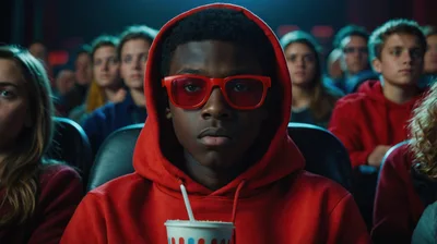 Young Man Wearing 3D Glasses Watching A Movie