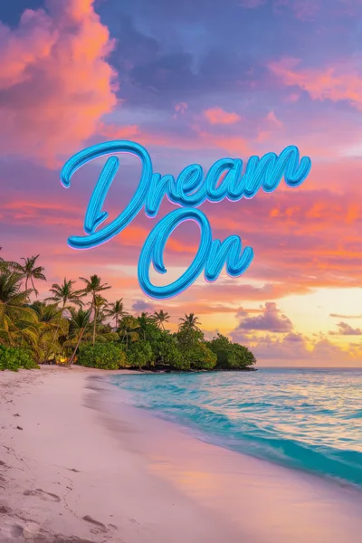 Dream On Text Overlay Over Tropical Beach Sunset
