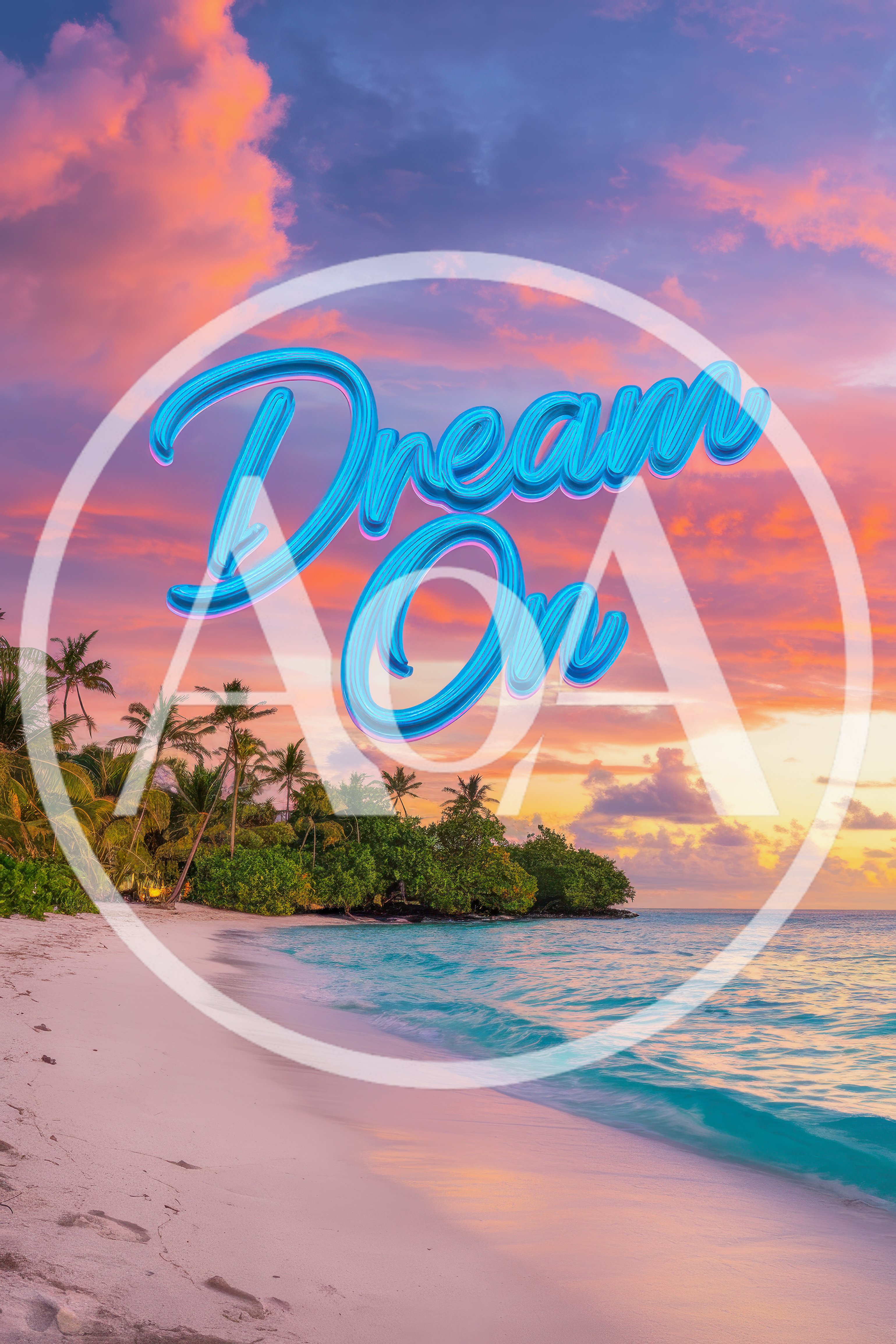 Dream On Text Overlay Over Tropical Beach Sunset