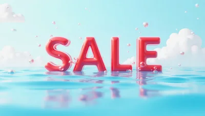 3D Red Sale Text Floating on Blue Water