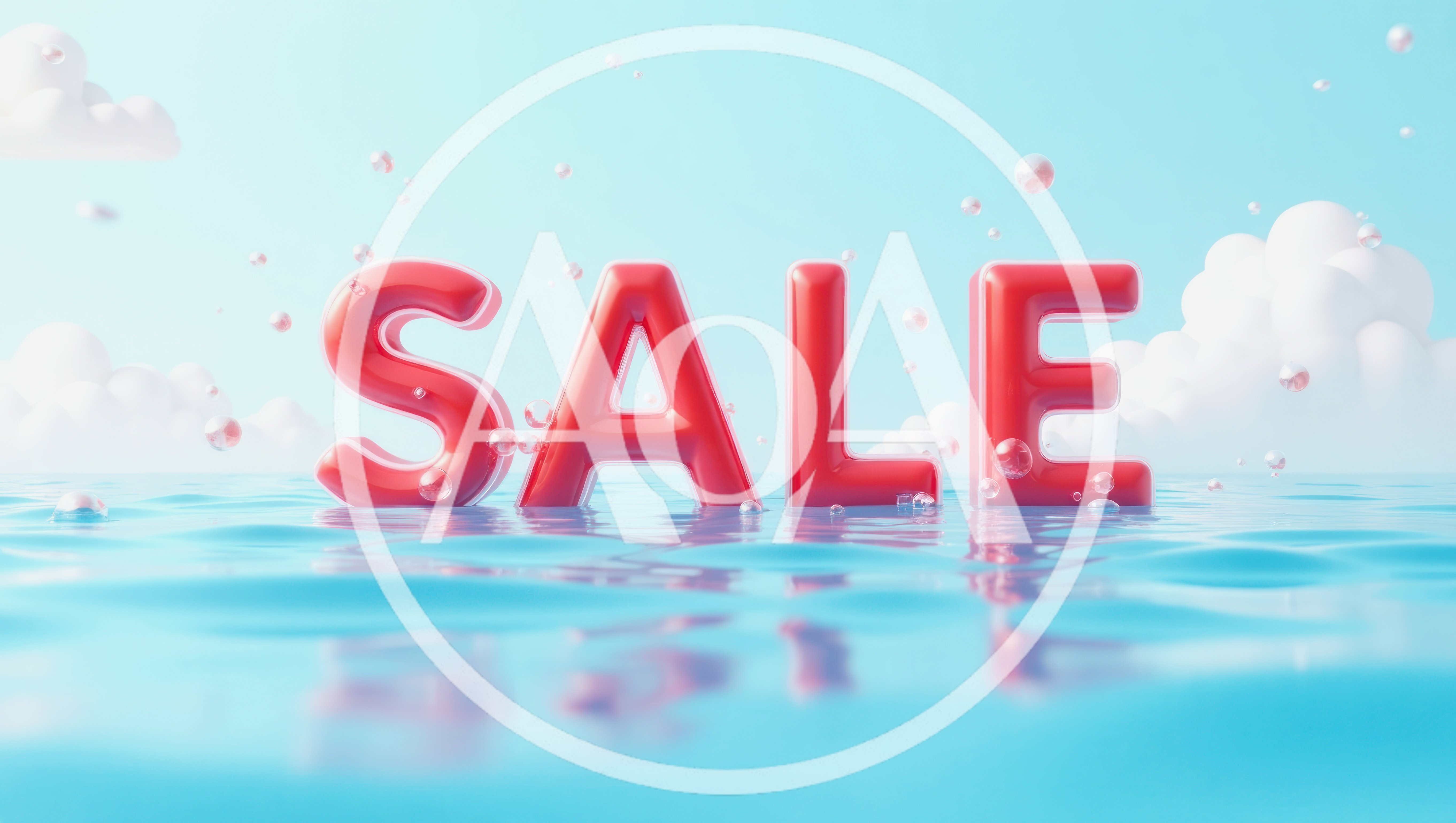 3D Red Sale Text Floating on Blue Water