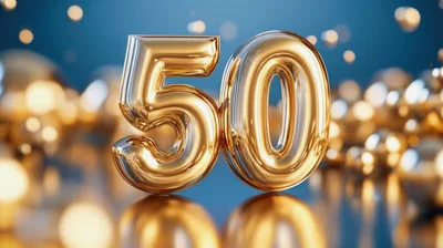 Golden Fifty Number Balloons On Reflective Surface