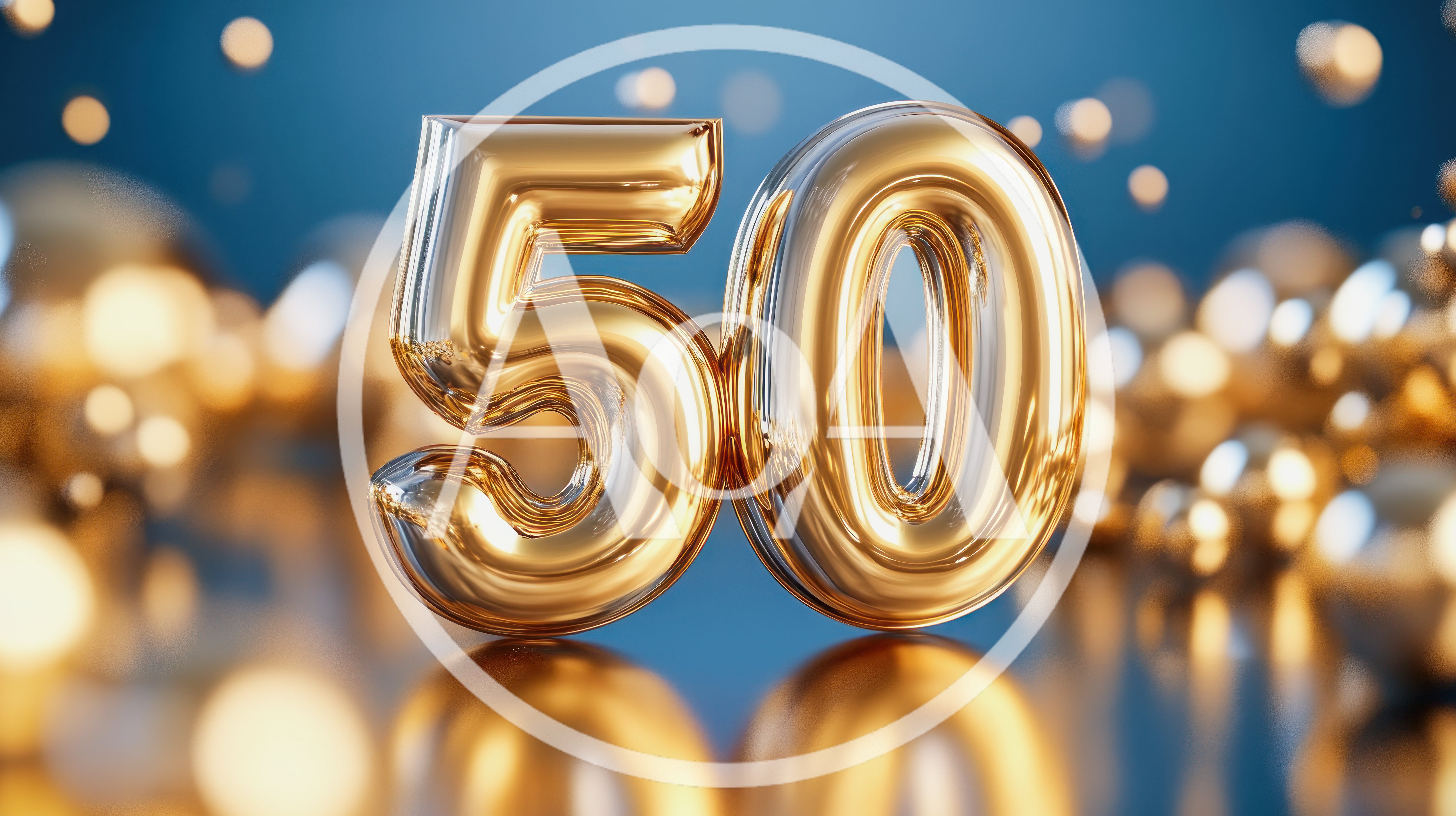 Golden Fifty Number Balloons On Reflective Surface