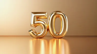 Golden Fifty Number Balloon On Reflective Surface