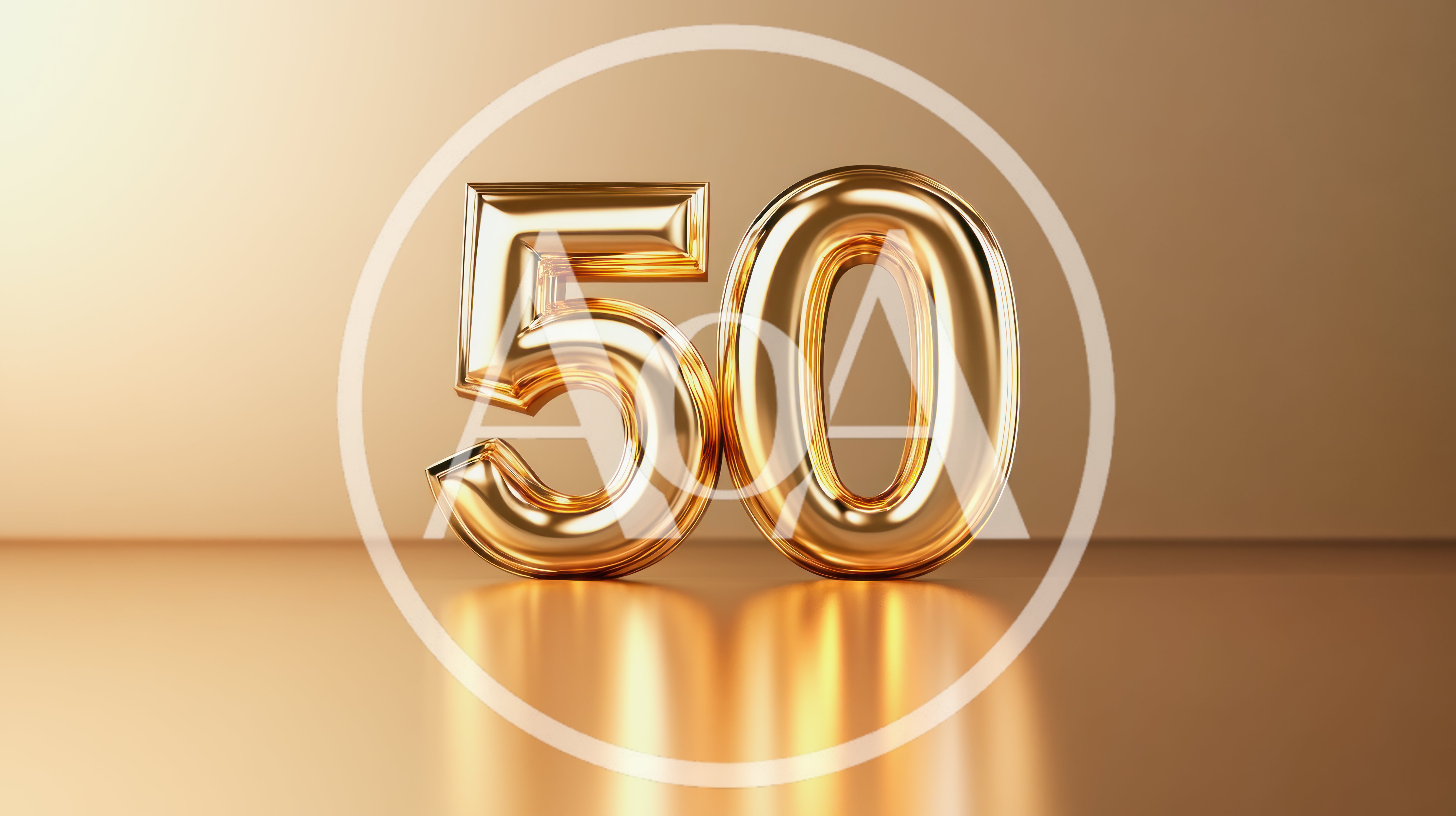 Golden Fifty Number Balloon On Reflective Surface