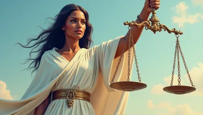 Woman Holding Scales Of Justice Against Blue Sky
