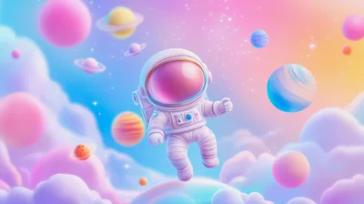 Cute Astronaut Floating Among Pastel Planets and Clouds