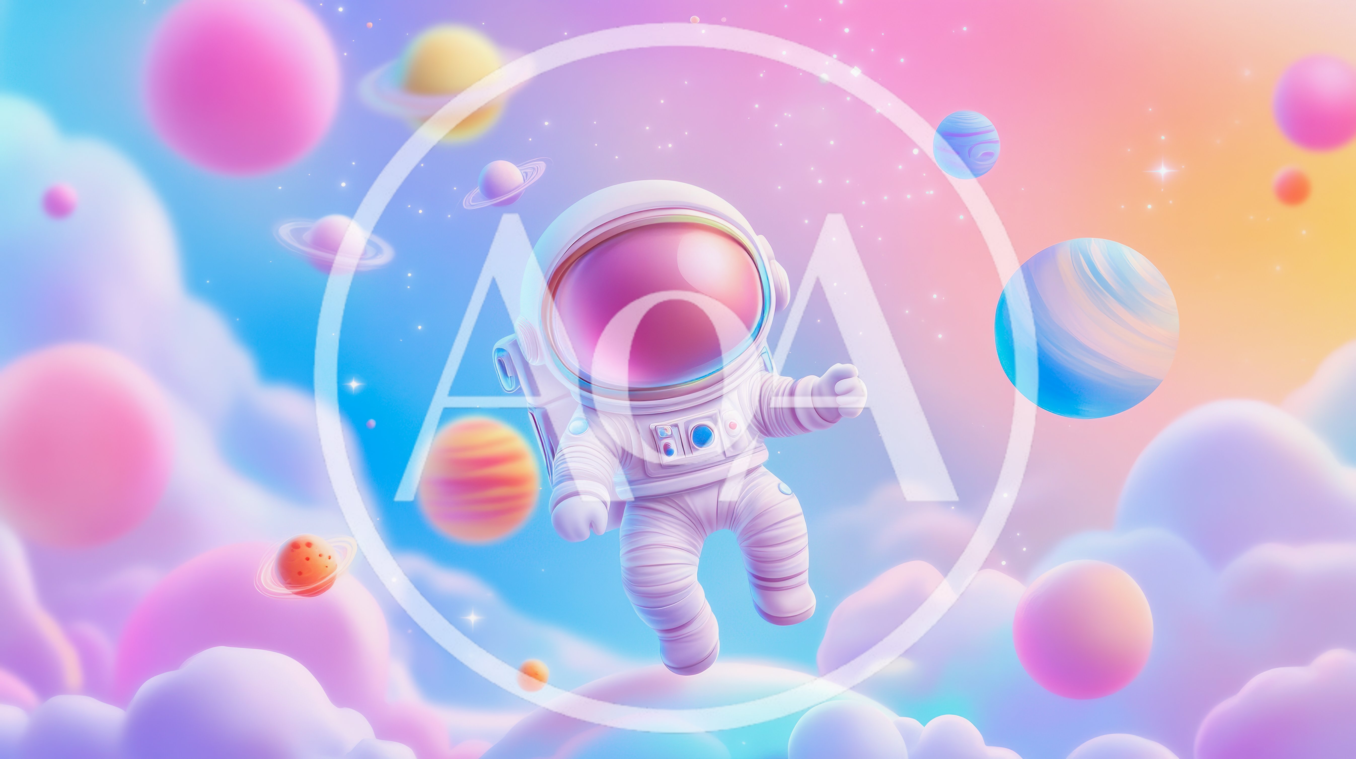 Cute Astronaut Floating Among Pastel Planets and Clouds