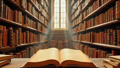 Open Book On Desk In Old Library