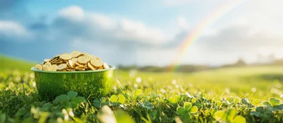 Pot Of Gold Coins In A Clover Field