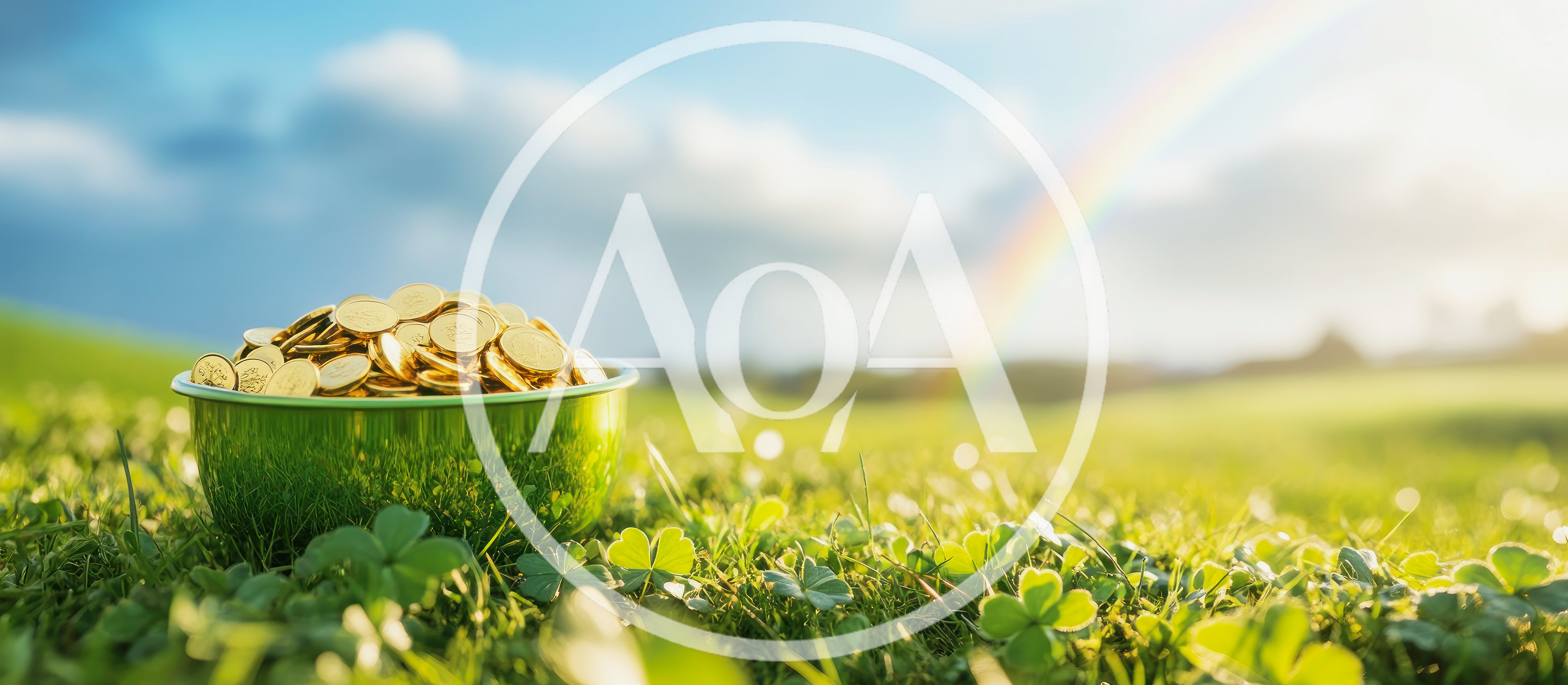 Pot Of Gold Coins In A Clover Field