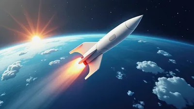 White Rocket Launching Into Space Above Earth
