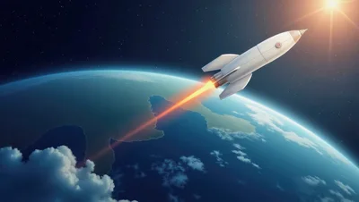 White Rocket Launching Into Space Above Earth