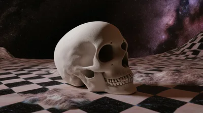 Human Skull Resting On A Surreal Checkerboard Landscape