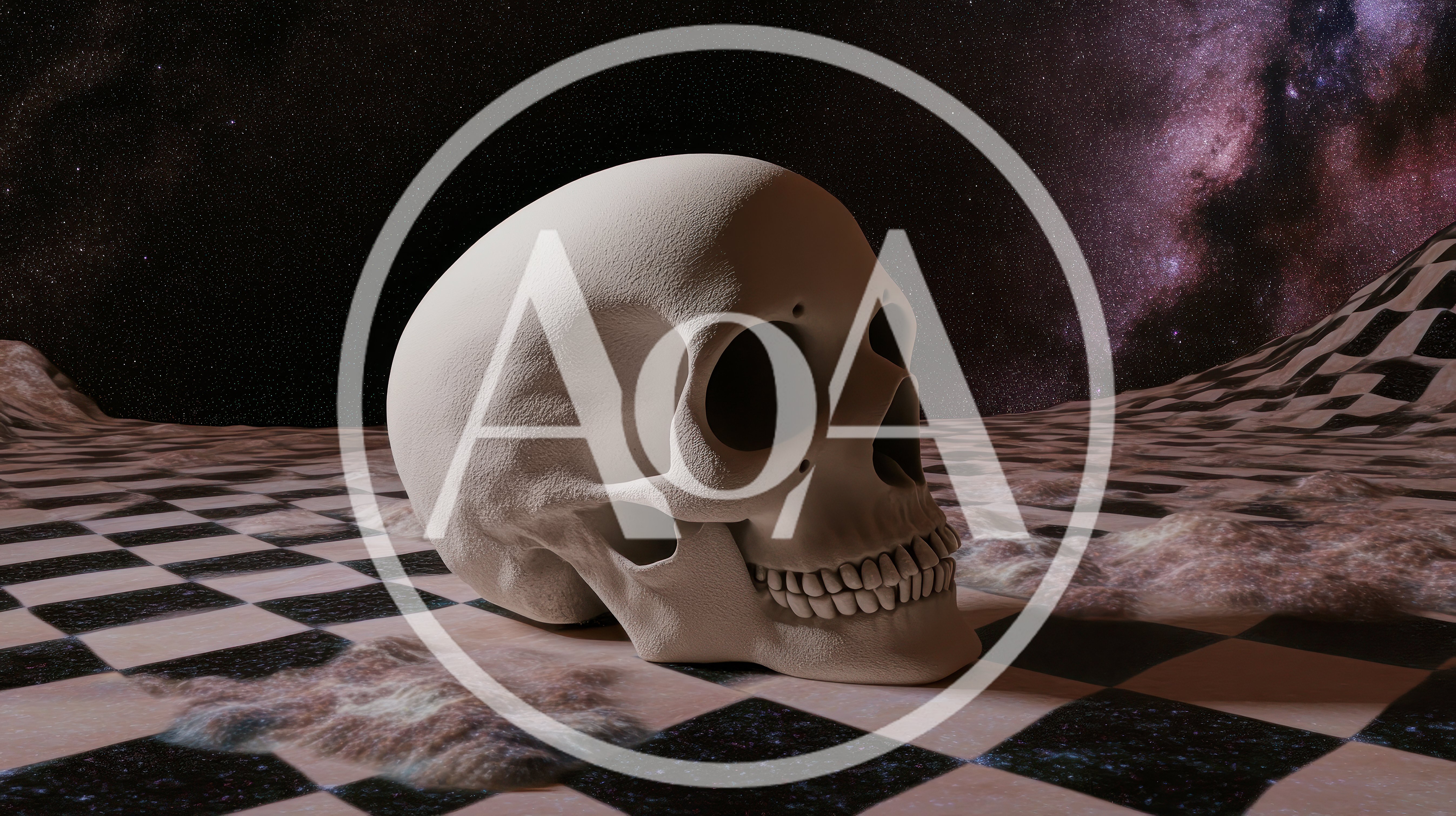 Human Skull Resting On A Surreal Checkerboard Landscape