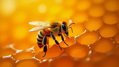 Honey Bee Resting On A Golden Honeycomb