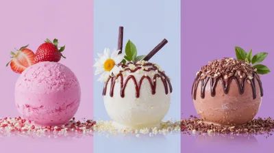 Three Scoops Of Gourmet Ice Cream With Toppings