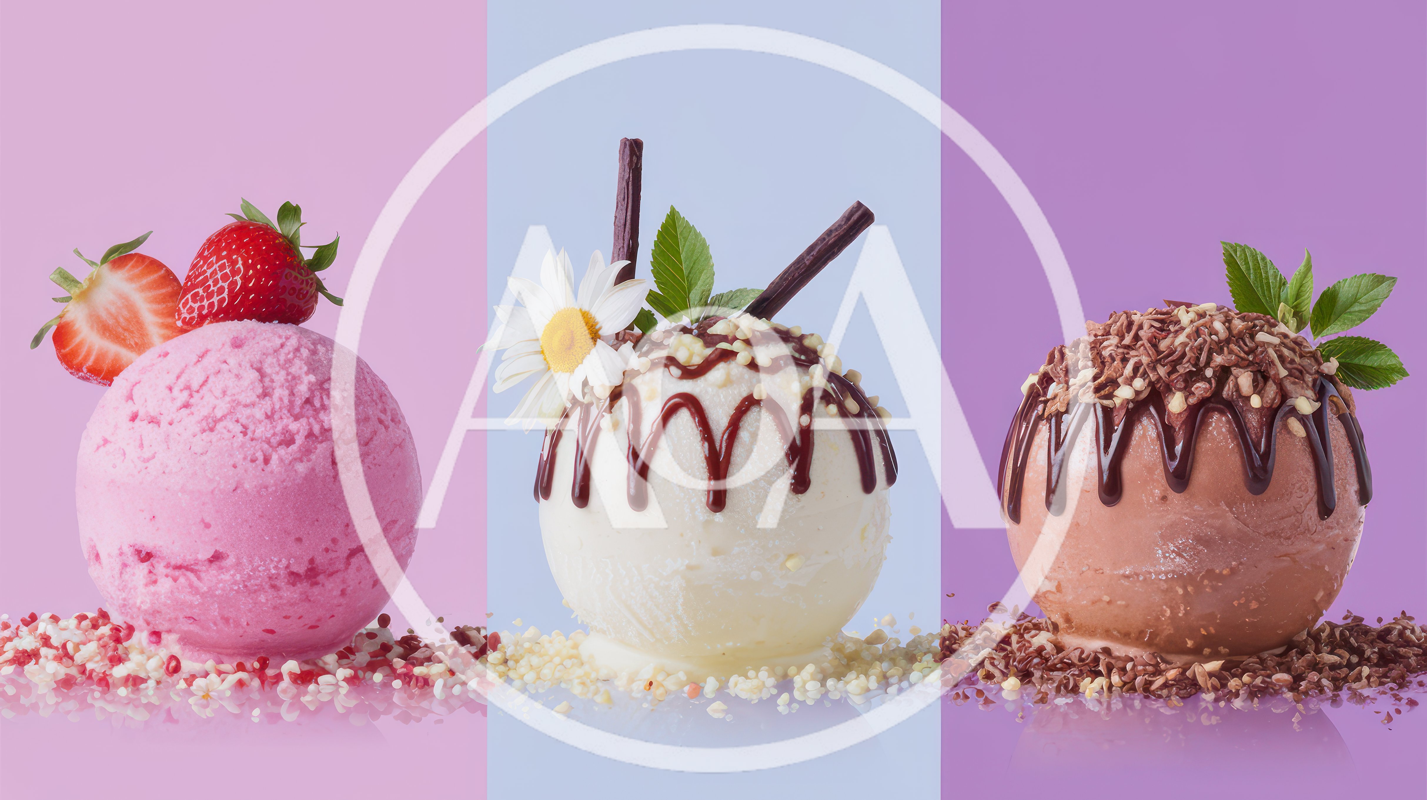Three Scoops Of Gourmet Ice Cream With Toppings